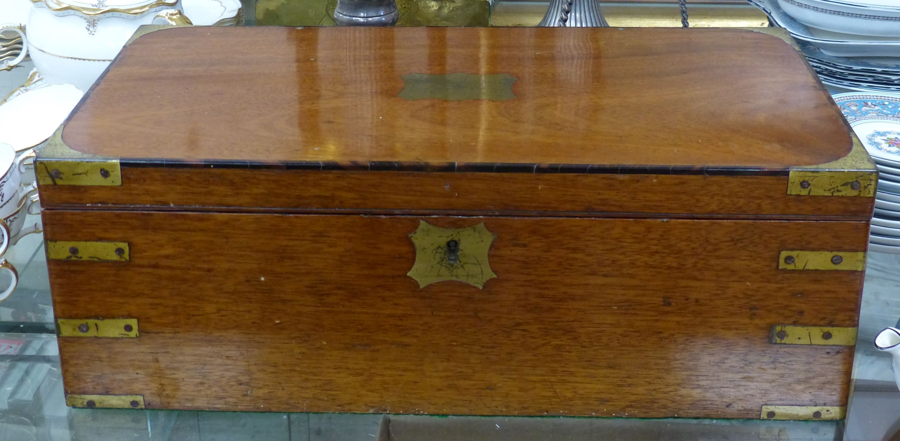 A Victorian brass mounted mahogany writing slope, with coromandel beading, 50cm